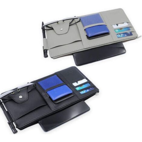 KZQ Organizer per aletta parasole per auto, 2 pezzi multifunzionale grigio/nero Accessori per interni auto in pelle Organizer per aletta parasole per auto per occhiali, CD, carte, documenti, telefoni  (1/4)