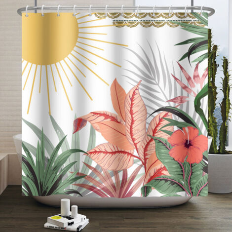 Tenda da doccia KZQ Boho Leaves (180 x 180 cm), moderna tenda da bagno impermeabile lavabile con foglie verdi astratte e girasoli bianchi, con 12 ganci. (1/4)
