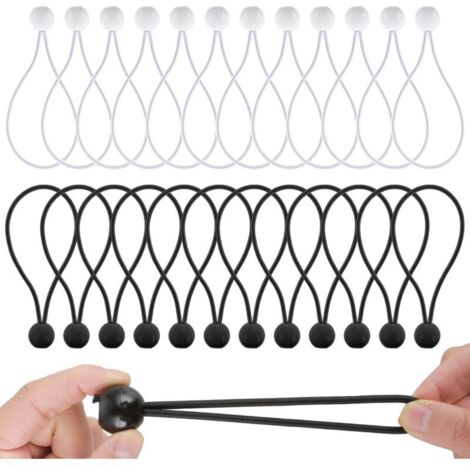 KZQ, confezione da 24 tiranti per teloni, cinghie elastiche resistenti con palline, corda elastica per tende, teloni da campeggio, aste portabandiera, bagagli e articoli per la casa (bianco e nero)