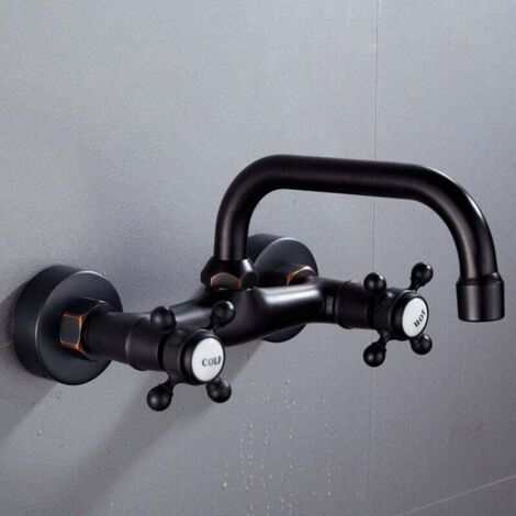 Rubinetto da cucina a parete KZQ nero opaco, beccuccio centrale regolabile, due maniglie a croce, miscelatore per acqua calda e fredda, girevole a 360 gradi (1/4)
