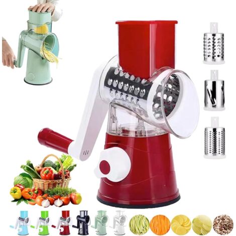 Trituratore rotante, tagliaverdure multifunzionale a manovella, tritatutto e affettatrice per frutta e verdura da cucina con 3 lame sostituibili, il miglior aiutante in cucina (rosso)