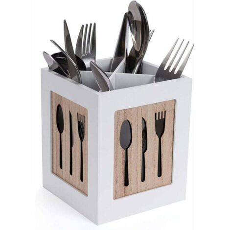 Boîte à couverts en bois - Panier à couverts pour cuillère, fourchette, couteau - Range-couverts décoratif avec motif couverts - Pour table à manger, cuisine, restaurant - Blanc