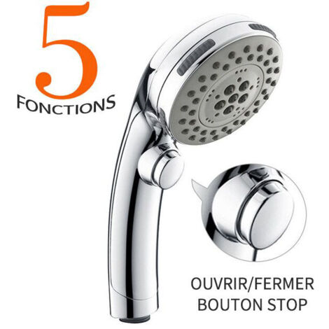 Pommeau de Douche Chromé avec Bouton Stop Douchette à Main 5 Jets au Choix Pomme de Douche Picots Anticalaire Type Universel (1/5)
