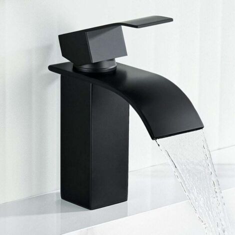Vtizikl Robinet de lavabo de salle de bain cascade noir, robinet de lavabo de salle de bain noir (hauteur du bec 20,5 cm), robinet de lavabo de salle de bain cascade noir (eau chaude et froide) (1/4)