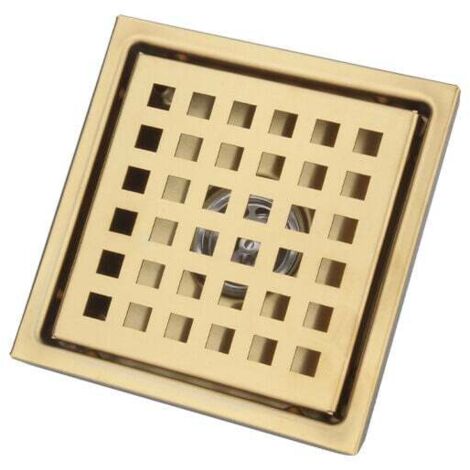 Vtizikl Drain de Douche, Acier Inoxydable Anti-Odeur Filtre Cheveux, Drain de Plancher en brossé Passoire pour Salle De Bain Large Calibre, Carré 150 150 mm,d'or (1/4)