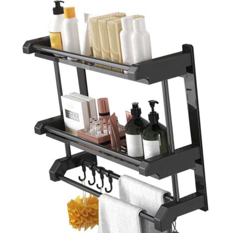 Vtizikl Rack de rangement pour salle de bain, toilette ou cuisine, avec deux étages en noir (50 cm) – idéal pour suspendre accessoires et serviettes. (1/4)