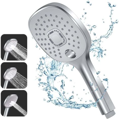 Vtizikl Pommeau Douche, 3 Types de Jets avec Poignée Durable et Buse en Silicone Respectueuse de l'environnement, Grand Pommeau de Douche Argenté (Pommeau de Douche sans Tuyau) (1/4)