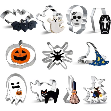 Cortadores de galletas de Halloween de 11 piezas, acero inoxidable, cortador de galletas de Halloween, fantasma, murciélago, calabaza, araña y sombrero de bruja, 11 formas