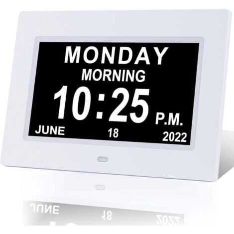 Reloj calendario diario digital (extra grande para personas con demencia/pérdida de memoria/discapacidad visual/Alzheimer), con fecha y hora, 12 recordatorios de alarma, atenuación