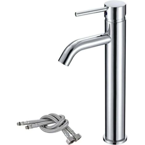Grifo para lavabo de baño, grifos para lavabos altos y elevados, grifos para lavabos de encimera de acero inoxidable de una sola palanca (1/4)