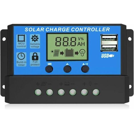 Controlador de carga solar: regulador inteligente de batería con panel solar y dos puertos USB, controlador de alumbrado público con pantalla LCD ajustable multifuncional, 12 V/24 V