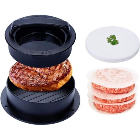 Prensa para hamburguesas rellenas 3 en 1 con 100 hojas de papel gratis. Ideal para hamburguesas rellenas, minihamburguesas, hamburguesas de carne, parrillas y utensilios de cocina gourmet. (1/5)
