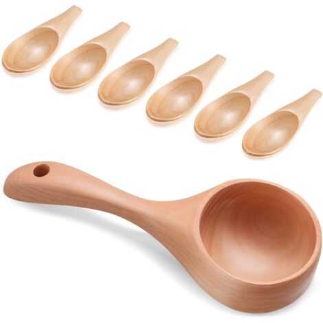 Juego de 7 cucharas para sal de baño, minicucharas de sal, cucharón de madera multiusos, cuchara para sal, cucharón, cucharas para sopa, cucharón de cocina de madera para cocinar, utensilios para lava (1/5)
