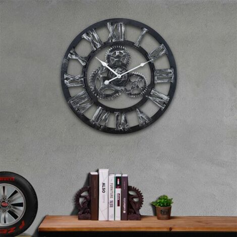 Reloj de pared silencioso Hofuton, grande, industrial, de cuarzo, con péndulo y engranaje negro, para sala de estar y dormitorio, 45 cm