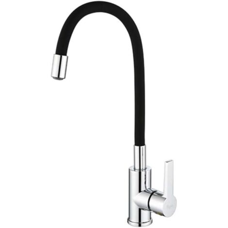 Grifo de cocina de gel de sílice, mezclador de agua fría y caliente, grifo monomando, mezclador con boquilla cromada negra (1/4)