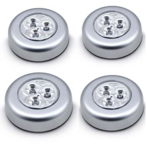 (66 mm) Juego de 4 focos LED autoadhesivos, iluminación adicional con 3 pilas para armario/alacena/estantería/entrada/cocina/pasillo – Plateado (1/4)