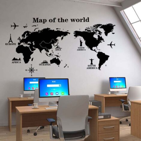 KZQ Pegatinas de pared con mapa del mundo, mapa internacional en inglés y negro, extraíbles, de PVC, para decoración de pared, habitación infantil, sala de estar, guardería, aula, estudio, oficina (1/4)