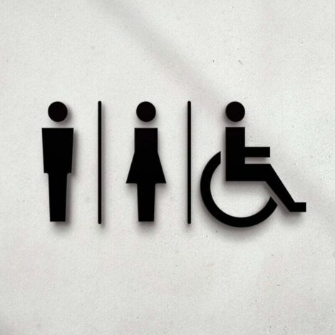 Placa de baño con relieve negro (14 x 22,5 cm), kit adhesivo para baño. Señalización para baños de hombres y mujeres con discapacidad - Adhesivos para baños.