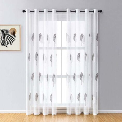 150 x 250 cm, gris + blanco, cortina de sala de estar - hermosa con patrón de árboles, cortinas de voile con ojales, decoración de cortina de voile, cortina de ventana bordada para dormitorio
