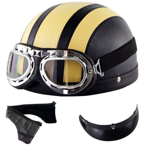 Casco de moto vintage de cuero negro y amarillo con gafas.