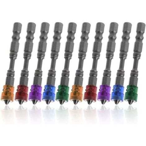 KZQ 10 puntas de destornillador PH2 de cabeza de cruz magnéticas con vástago hexagonal, acero S2, 65 mm, antideslizantes, con tope de profundidad para tornillos de yeso. (1/4)