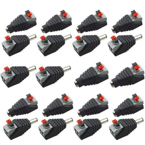KZQ Adaptador de enchufe de botón pulsador de CC profesional (20 unidades), conector rápido sin tornillos de 5,5 mm x 2,1 mm para tiras LED de 12 V, cámaras CCTV y otros dispositivos electrónicos.
