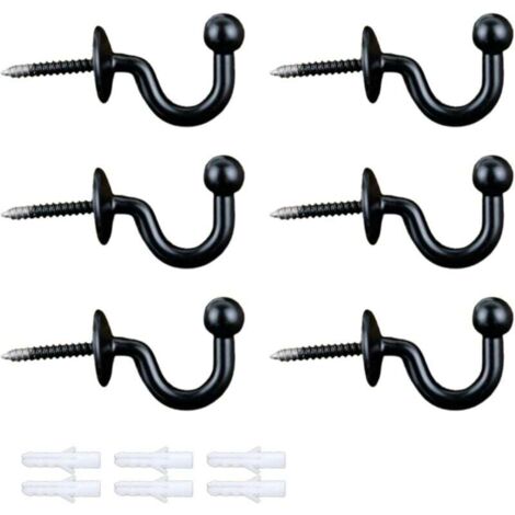 KZQ - Paquete de 6 ganchos para sujetar cortinas con 6 tornillos de extensión, elegantes soportes en forma de U, ganchos de pared y ganchos para colgar (negros) (1/4)