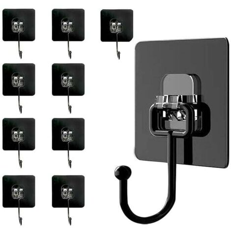 Ganchos autoadhesivos KZQ para pared y techo (10 unidades, carga máxima 50 kg), resistentes, negros, impermeables e invisibles, para toallas, techo, pared, cocina y llaves. (1/4)