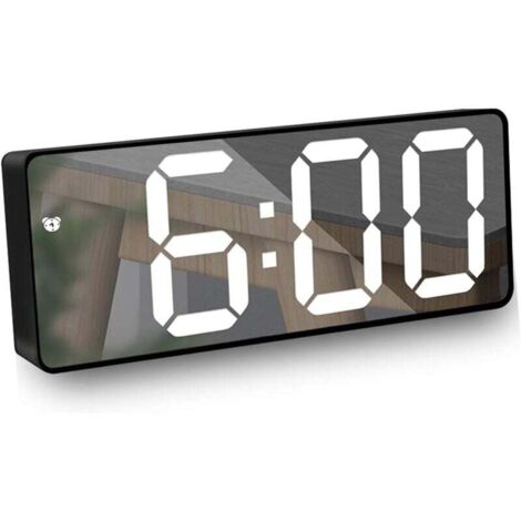 KZQ - Reloj despertador digital con espejo y pantalla LED de 6,5 pulgadas que muestra temperatura y fecha, brillo ajustable y función de repetición para viajes, dormitorio, oficina y cocina, color neg (1/4)