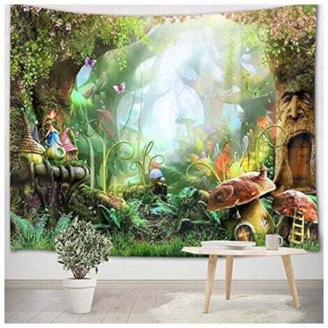 Tapiz de bosque KZQ de 130 x 150 cm, tapiz de naturaleza, tapiz de setas primaverales, cuento de hadas para niños, dormitorio, sala de estar, dormitorio, decoración de pared, fondo de cumpleaños (1/4)