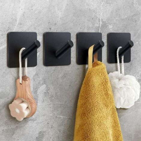 KZQ Gancho adhesivo resistente, paquete de 4, para toallas de baño, para pared, para baño, abrigos, batas y cocina, sin perforaciones, de acero inoxidable negro mate. (1/4)