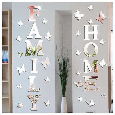 Letrero de casa familiar 3D KZQ con letras, decoración para sala de estar, decoración rústica de pared de granja familiar, espejo acrílico decorativo, espejo de mariposa, pegatinas de pared para sala  (1/4)