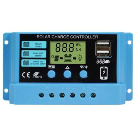 Controlador de carga solar KZQ 30A 12V/24V, regulador inteligente de panel solar con puerto USB dual y pantalla LCD.