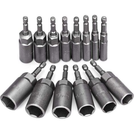 Juego de puntas de destornillador de impacto KZQ de 14 piezas, 6-19 mm, hexágono interior, profundidad de trabajo de 34 mm, adaptador de puntas de 1/4 pulgada para destornilladores eléctricos, funda p (1/4)