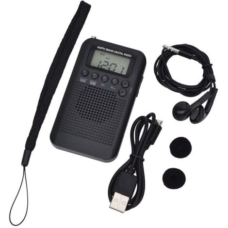 (103 x 60 x 15 mm) Radio portátil, mini radio de bolsillo con altavoz, FM/AM, receptor DSP estéreo digital con despertador y temporizador para paseos en casa y al aire libre, radio personal con auricu