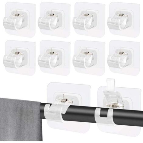 KZQ - Paquete de 10 soportes para barra de cortina sin perforar, transparentes, autoadhesivos, soporte mejorado para cortina, ganchos sin perforar, soporte para el hogar y el baño (1/4)