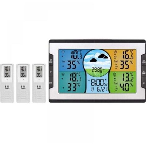 KZQ Estación meteorológica de radio con 3 sensores exteriores, termómetro, higrómetro y barómetro con pantalla digital a color, pronóstico del tiempo y retroiluminación ajustable. (1/3)