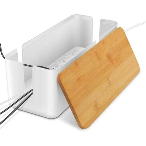 KZQ Caja organizadora de cables con tapa de bambú, ideal para ocultar cables sueltos y cables de computadora (blanco) (1/4)