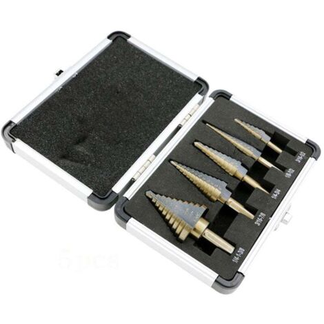 KZQ Juego de 5 brocas escalonadas de titanio, 50 tamaños en 5 brocas HSS para chapa metálica con estuche de aluminio, brocas escalonadas multiagujero para aficionados al bricolaje. (1/4)