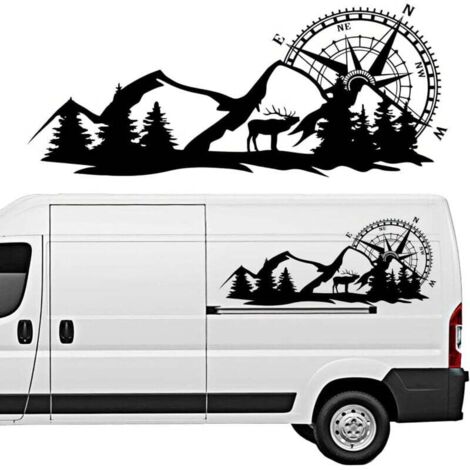 KZQ 1 par de pegatinas para furgoneta camper, pegatinas laterales para carrocería de coche con diseños de montaña, brújula y ciervo, pegatinas autoadhesivas de PVC negras para carrocería de coche.