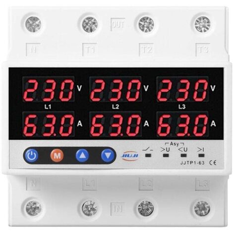 KZQ Protector de sobretensión y subtensión trifásico ajustable, protector de sobretensión y subtensión, 230 V CA, para riel DIN (tamaño: 63 A) (1/4)