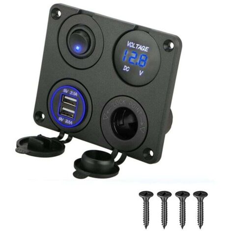 KZQ Panel de carga 4 en 1, toma de corriente con dos puertos USB de 12 V y 4,2 A y voltímetro LED, color azul (10,5 x 8,7 cm) (1/4)