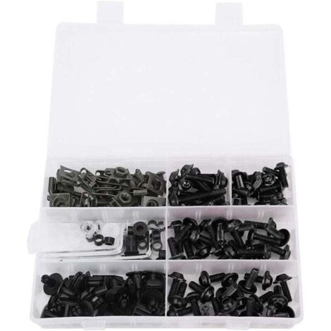 KZQ Kit de pernos de carenado de 198 piezas, kit universal para carenado de motocicleta, tornillos, fijaciones, kits de montaje de carrocería, arandelas, tuercas, tornillos y clips (negro) (1/4)