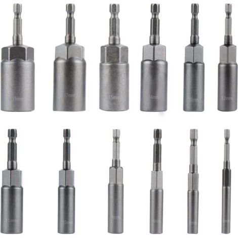 Adaptador de puntas de destornillador KZQ, vaso hexagonal de 1/4 de pulgada, 6-19 mm para taladro manual, destornillador eléctrico y llave de tubo (12 piezas) (1/4)