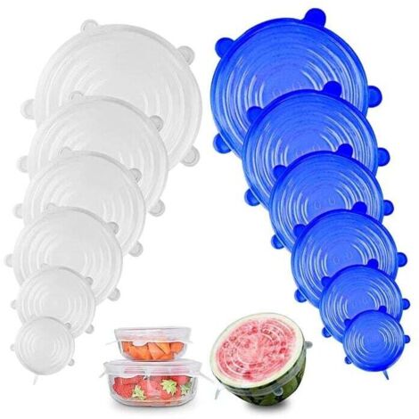KZQ Juego de 12 tapas de silicona, reutilizables y permanentemente estirables, tapas de diferentes tamaños, para frascos, cuencos, botellas (azul y blanco) (1/4)