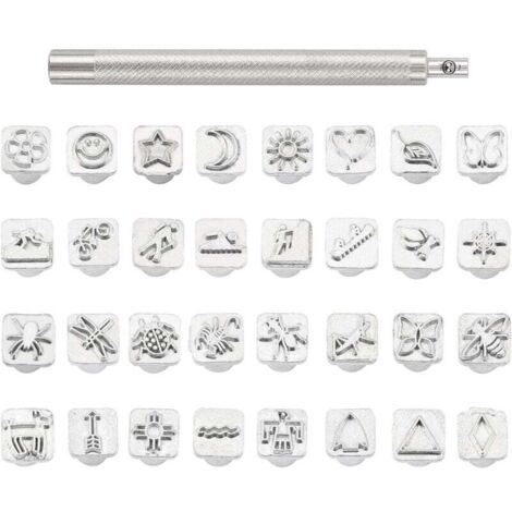 KZQ - Juego de 32 punzones de acero inoxidable para estampar insectos en cuero y metal, con 1 mango, para cinturones de cuero, bolsos, artesanías y joyas (1/4)
