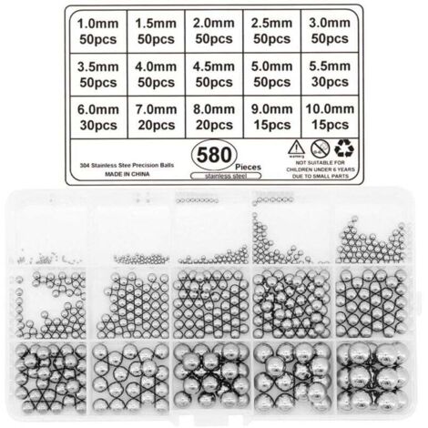 Bolas de acero KZQ, 580 piezas de rodamientos de bolas de acero inoxidable de 1 mm a 10 mm. (1/4)