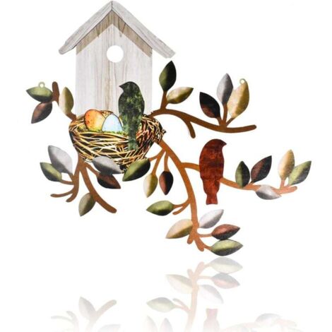 Arte de pared de pájaro de metal KZQ, decoración de pared para exteriores, árbol de metal colgante con pajarera, decoración de pared para jardín interior y exterior