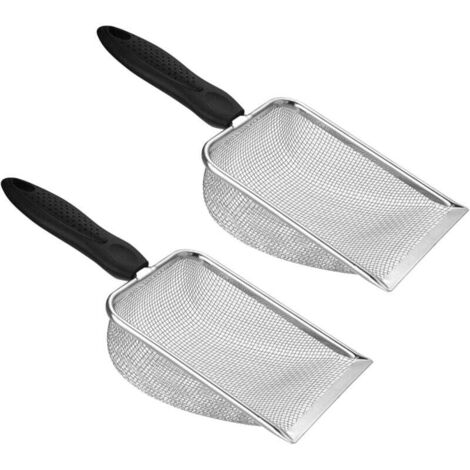 Palas para arena de gatos KZQ (2 unidades), de malla fina de acero inoxidable, portátiles (plateadas, 2 unidades) (1/4)