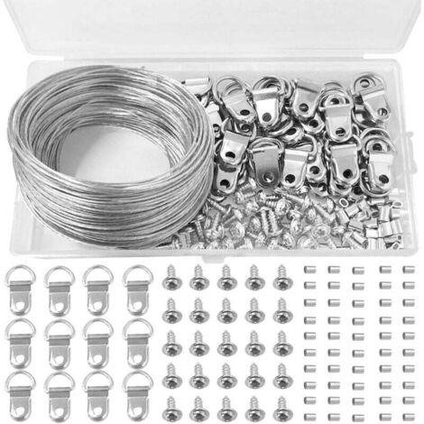 KZQ - Juego de 131 ganchos de alambre y forma de D para marcos de fotos (130 piezas, 30 m de alambre para colgar y accesorios en una caja de plástico) (1/4)